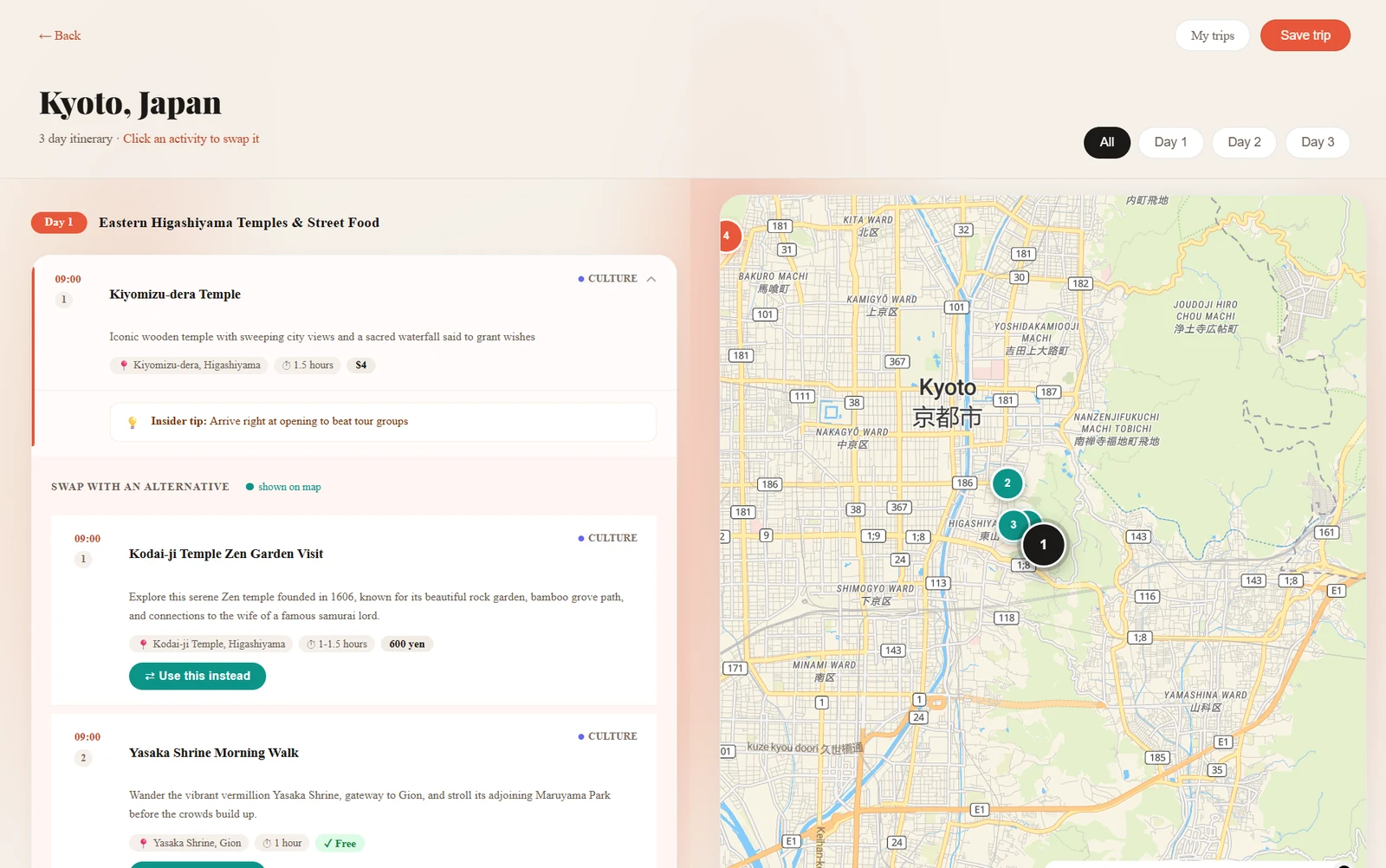 An opened activity with an insider tip and three nearby alternatives, each with a Use this instead button