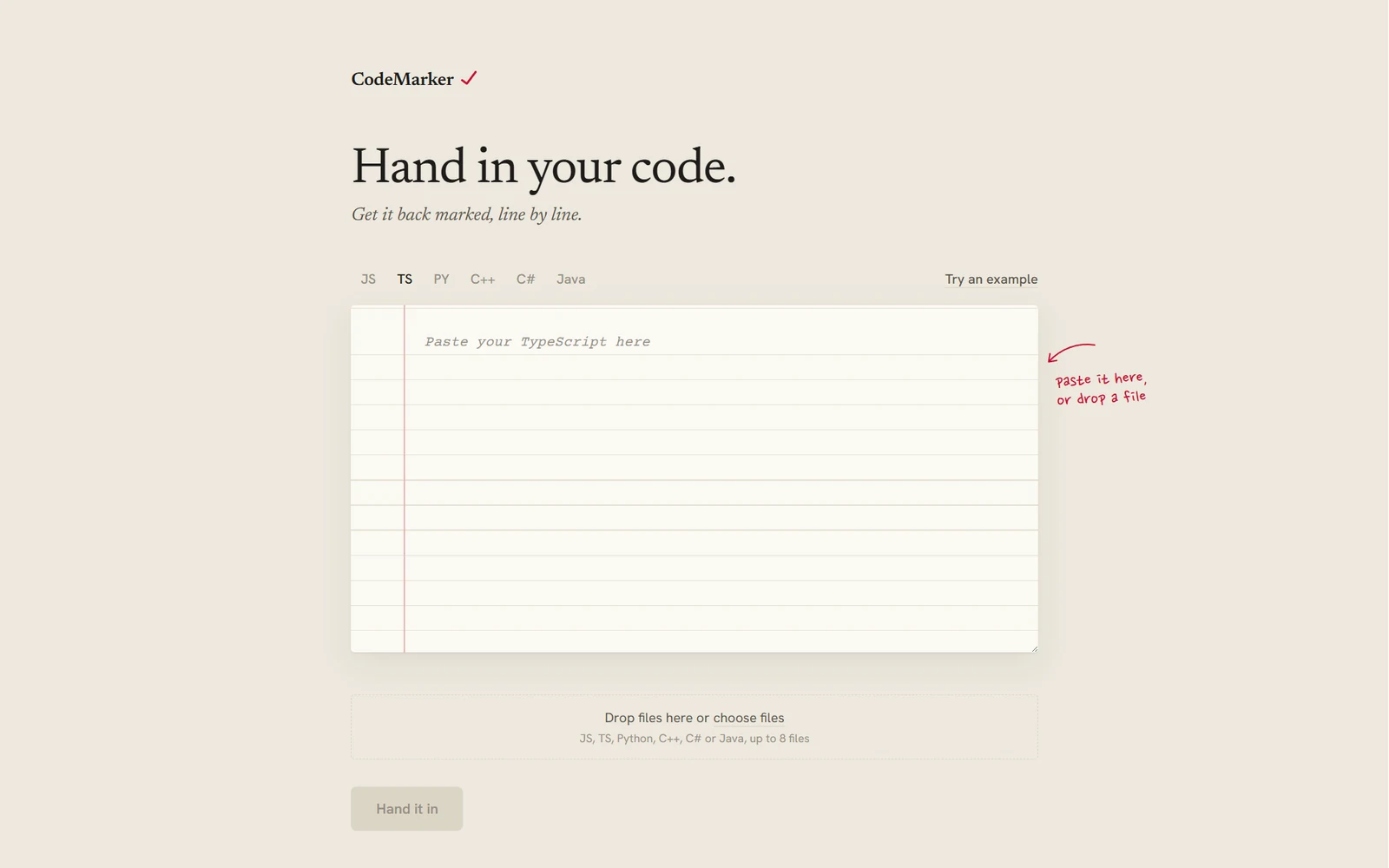 CodeMarker landing page: the headline Hand in your code, the line Get it back marked, line by line, language tabs, a ruled answer sheet with a red margin line, and a handwritten red note in the margin saying paste it here, or drop a file