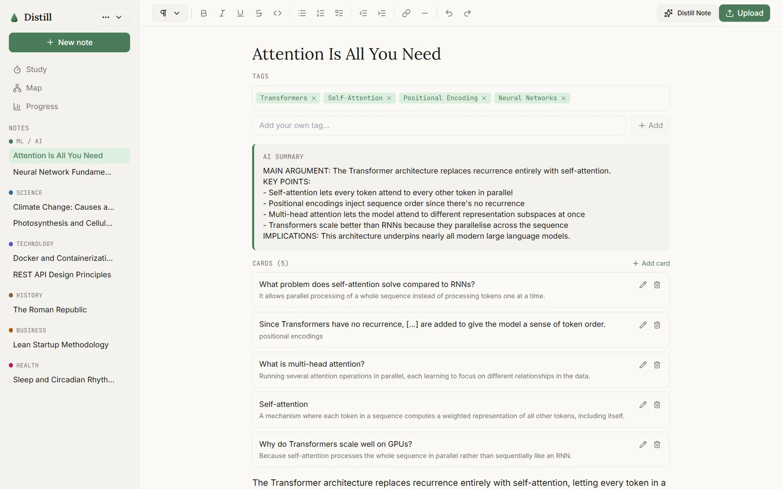 A Distill note titled Attention Is All You Need, with tags, an AI summary, five flashcards and the note text, beside a sidebar grouping notes by subject
