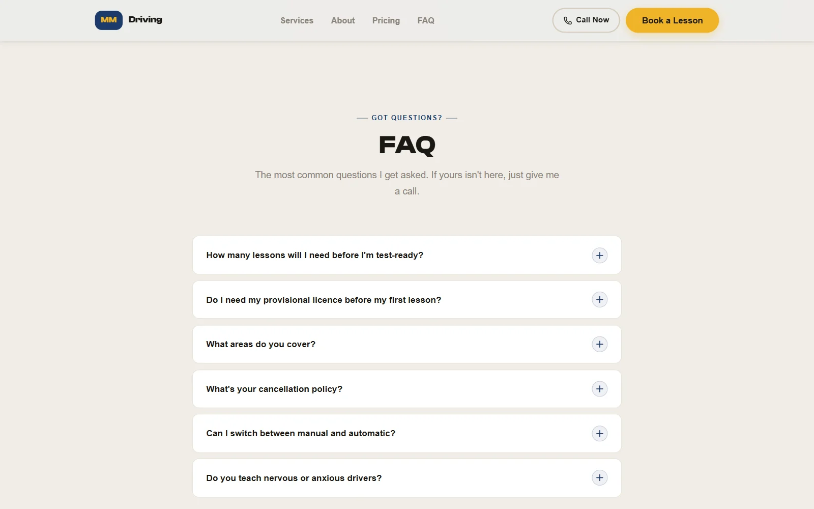 FAQ accordion with the first question, how many lessons will I need, opened to show an honest answer