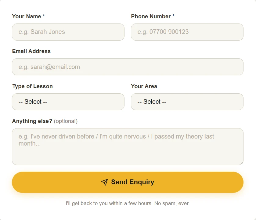 Enquiry form with name, phone, email, lesson type and area dropdowns, an optional message box and a Send Enquiry button