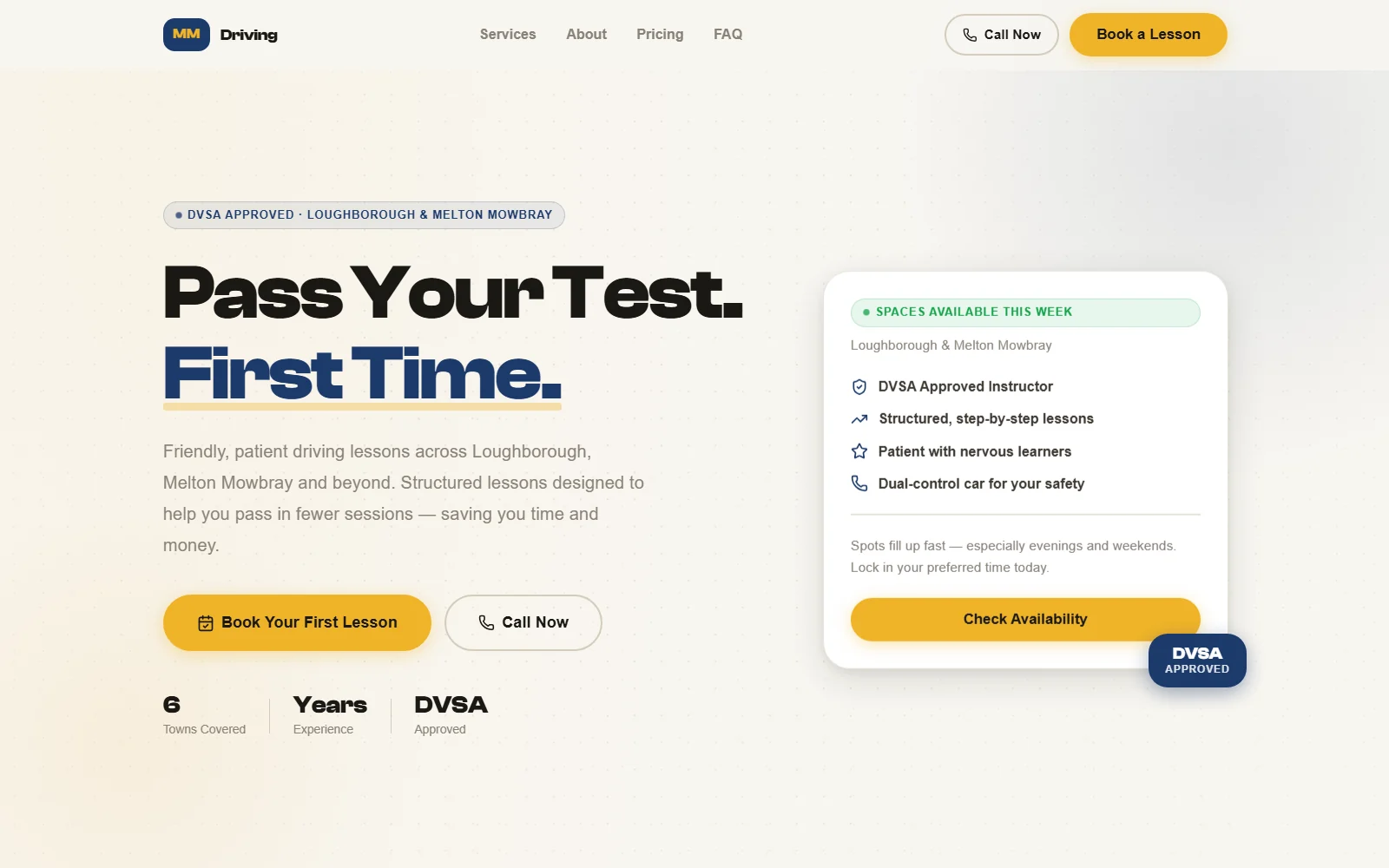 MMDriving hero: headline 'Pass Your Test. First Time.', book and call buttons, and a card listing DVSA approval, pass rate, rating and a dual-control car