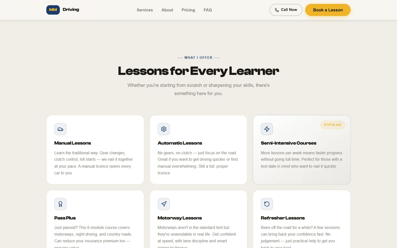 Six lesson type cards: manual, automatic, semi-intensive, Pass Plus, motorway and refresher lessons