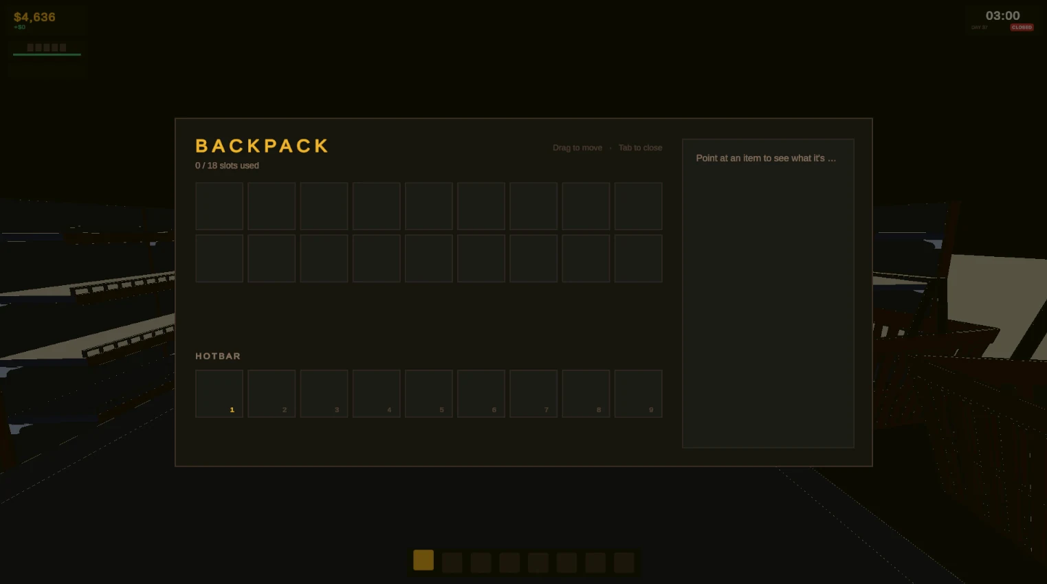 The backpack open over the shop: an 18-slot grid, the nine-slot hotbar row below it, and a detail card on the right