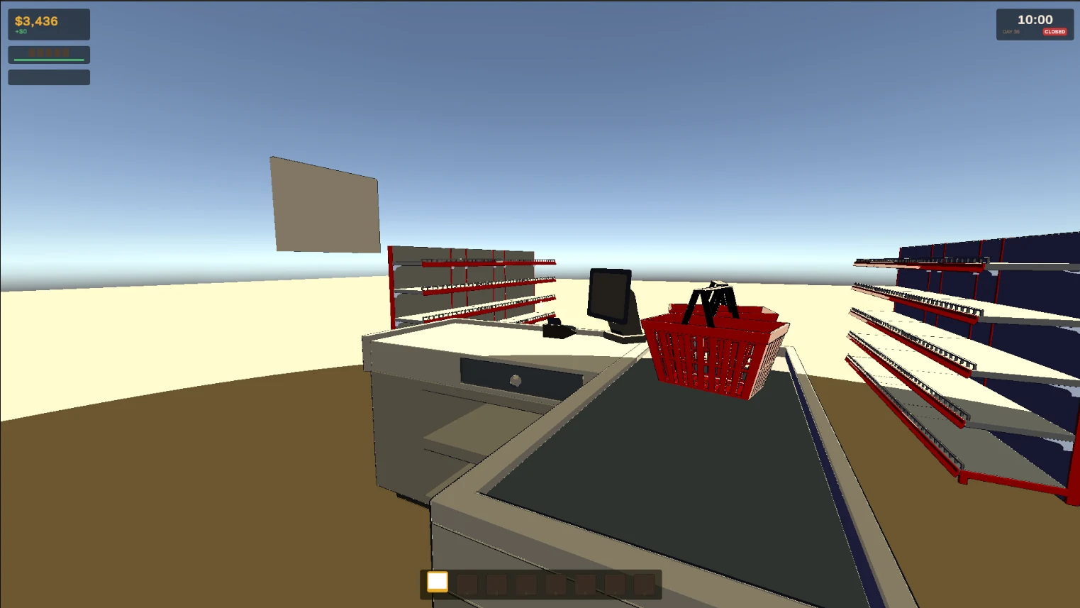First-person view of the pawn shop counter in Unity, with a till and shelves, cash and today's profit in the top left, the clock in the top right and an item hotbar along the bottom