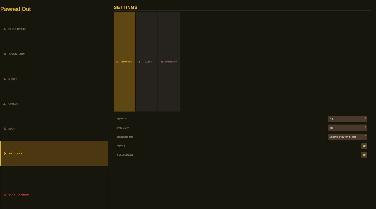 Settings screen with Graphics, Audio and Gameplay tabs, and options for quality, frame rate limit, resolution, vsync and fullscreen
