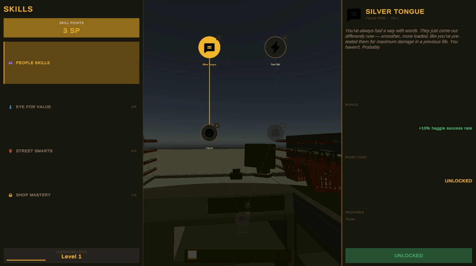 Skill tree over the shop scene: skill points and categories on the left, a branch of people skills in the middle, and a card for Silver Tongue on the right showing a 10% bonus to haggle success and an Unlocked button