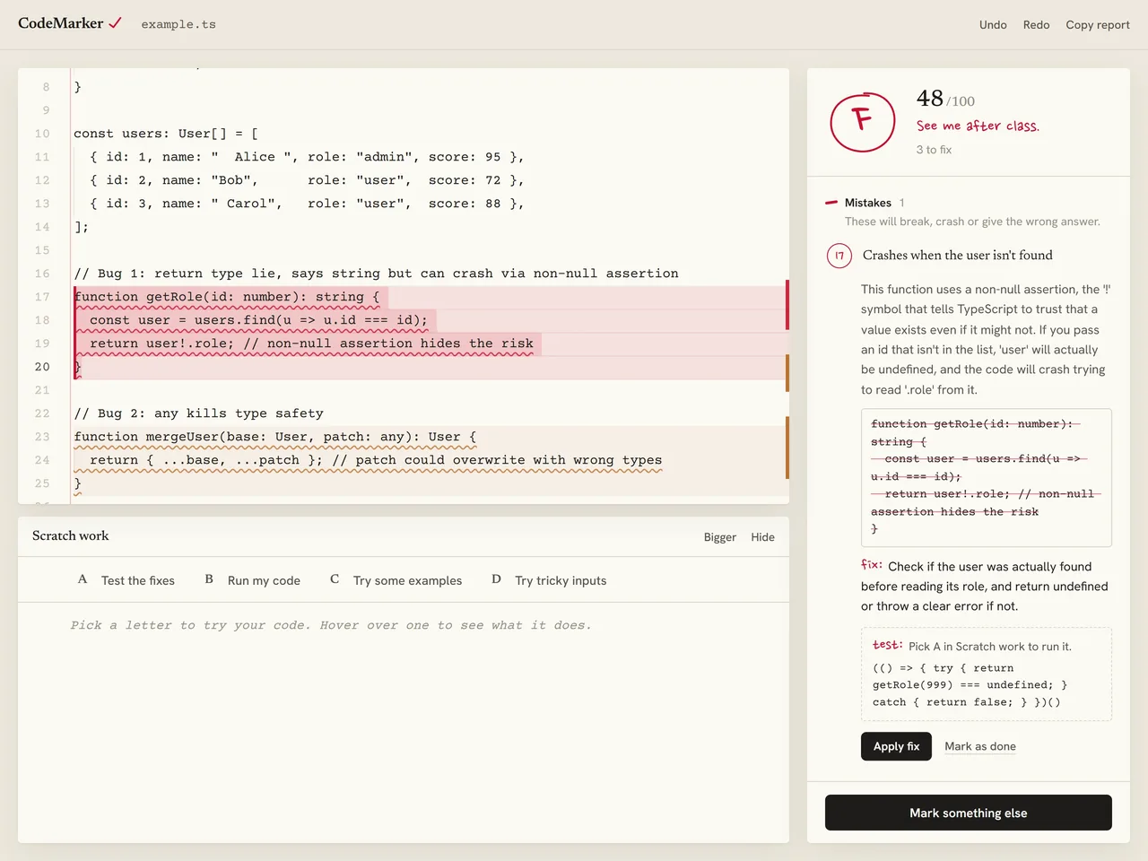An opened correction explaining in plain English why the code crashes, with the original struck through and a handwritten fix