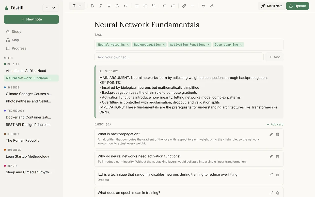 Distill: a note with its summary, tags and flashcards above the writing