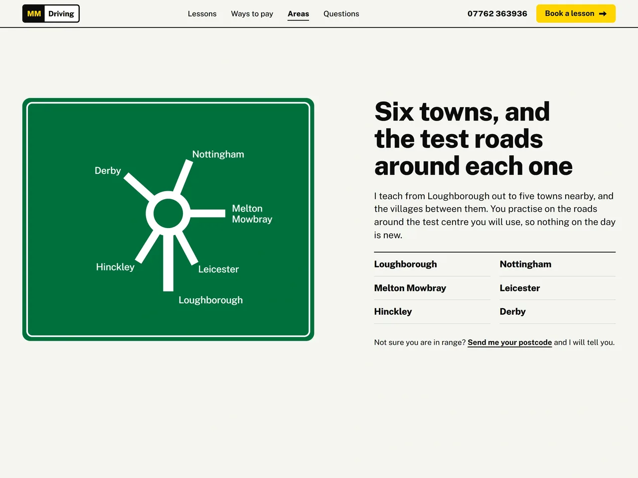 A green roundabout sign whose exits are the six towns, beside a list of the same towns