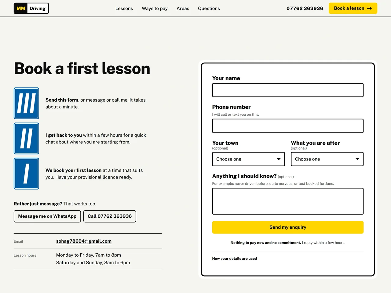 Book a first lesson: three countdown markers beside a short enquiry form with a yellow Send my enquiry button