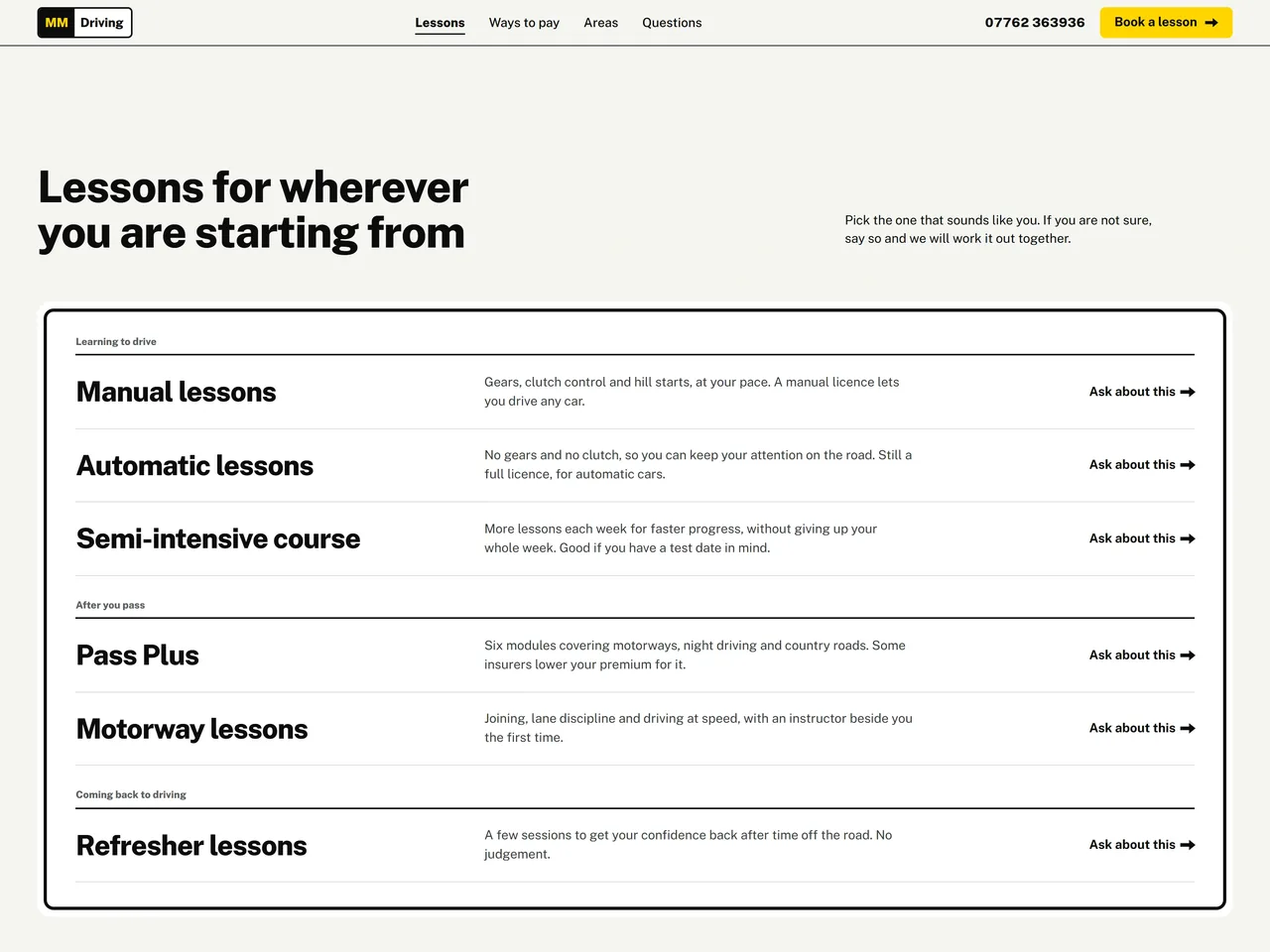 A white stack sign listing six kinds of lesson in three groups, each with an Ask about this link