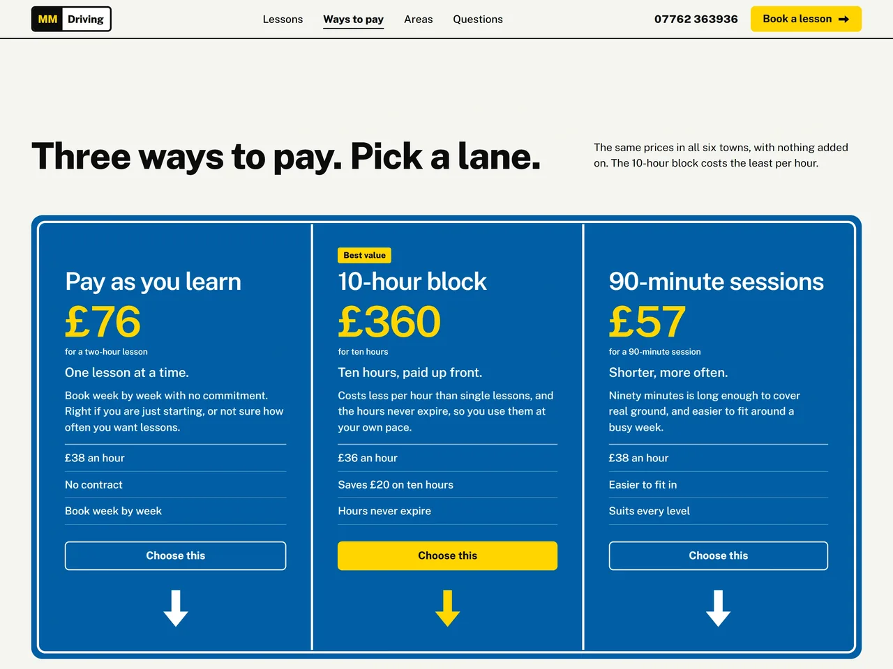 Three ways to pay as a blue motorway gantry, with the 10-hour block marked best value and the only yellow button