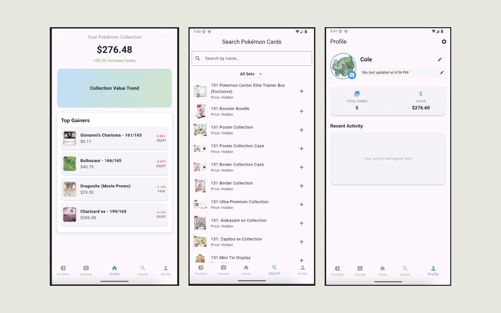 Three phone screens: home showing a collection value of $276.48 and a list of top movers with percentage changes, a search screen listing 151 sealed products with add buttons, and a profile with a Bulbasaur avatar, total cards and total value