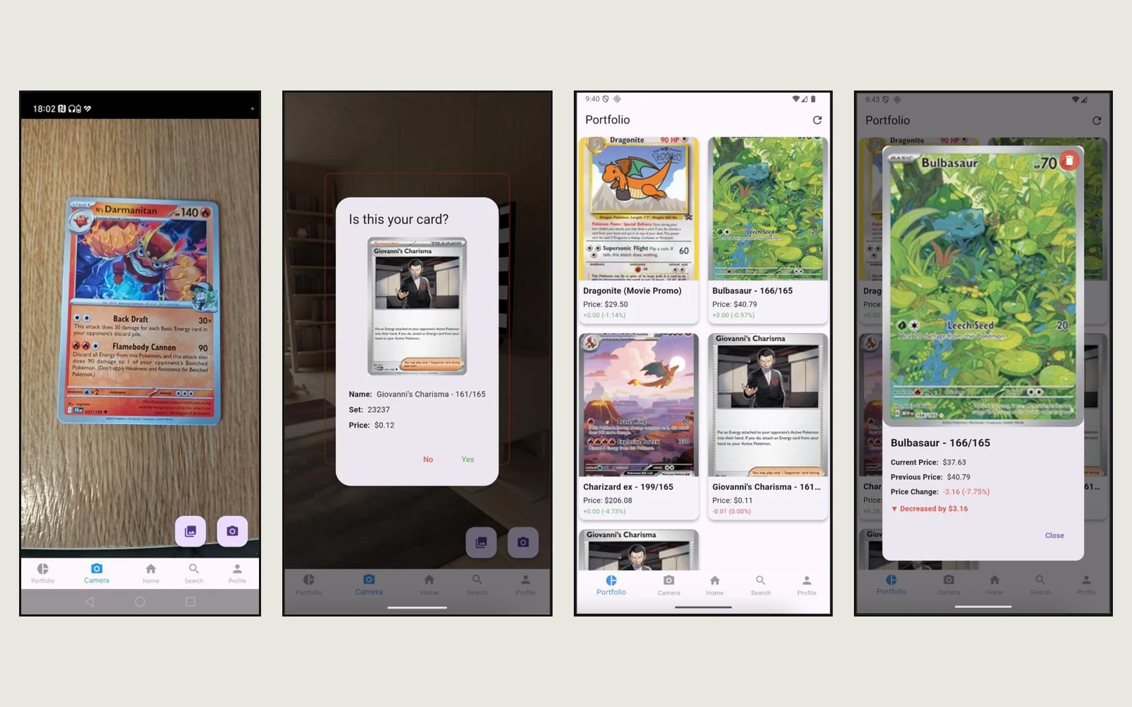 Four phone screens: a card lined up on the camera, an 'Is this your card?' dialog with the name, set and price and Yes and No buttons, a portfolio grid of cards with prices and percentage changes, and one card opened showing its current price, previous price and a red decrease